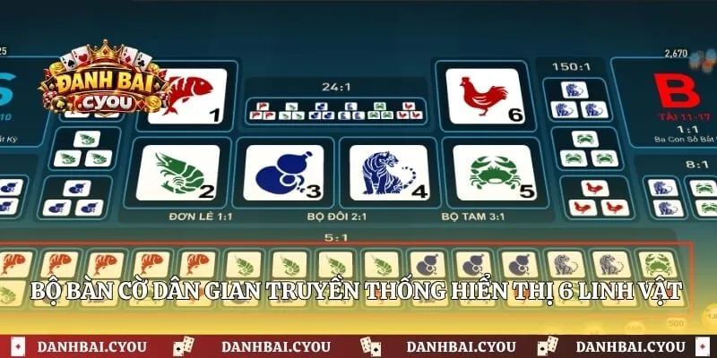Bộ bàn cờ dân gian truyền thống hiển thị 6 linh vật quen thuộc 